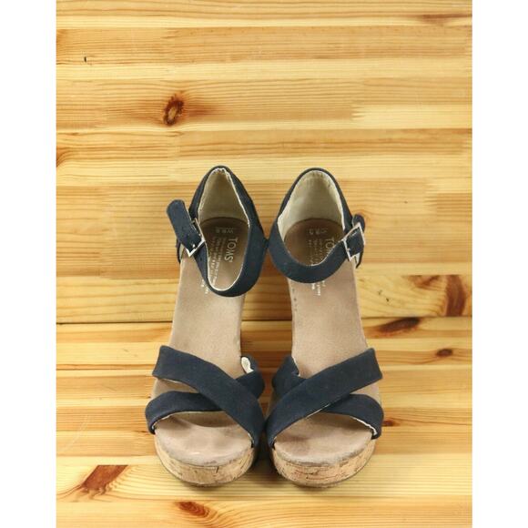 Toms Womens 9.5 Navy Blue Canvas Strappy Wedge Heel Sandals Ankle Strap - Picture 2 of 9